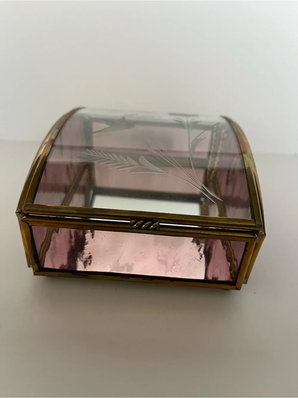 Vintage Brass Trinket Jewelry Box Etched Floral Purple Glass Curved Lid Romantic